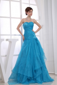 A-Line Appliques Floor-length Ruched Sweetheart Prom Dress Blue