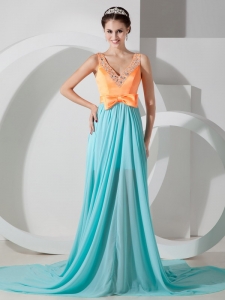 Aqua Blue and Orange Empire V-neck Brush Train Beading Prom Dress