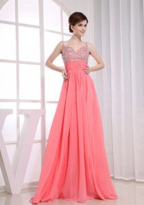 Beading Empire Straps Watermelon Floor-length Prom Dress