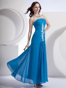 Dark Blue Prom Dress Applique Ankle-length beaded
