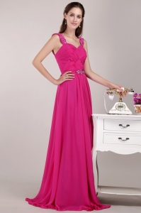 Fuchsia Empire Straps Floor-length Beading Pageant Dress