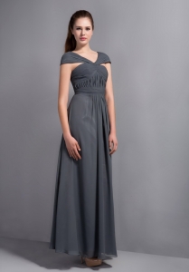 Grey Empire V-neck Ankle-length Ruched Prom Dress