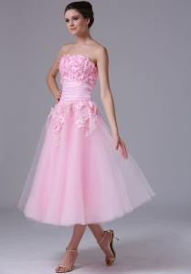 Strapless tea length Pink Tulle 2013 Sweet Prom Dress