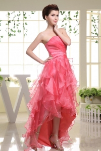High-low Coral Red Prom Dress Rufflered Layers 2013