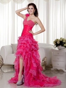 Hot Pink One Shoulder Brush Train Beading Prom Dress