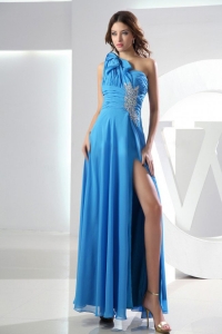 One Shoulder Ankle-length Beading Baby Blue Prom Dress