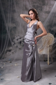 Grey A-line V-neck Floor-length Taffeta Celebrity Dress