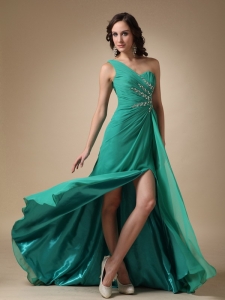 turquoise One Shoulder Brush Train Beading Prom Dress
