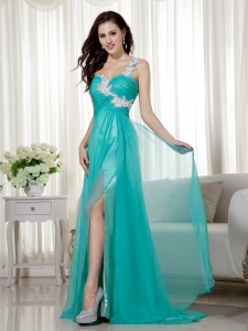 Turquoise Empire One Shoulder Brush Train Appliques Prom Dress