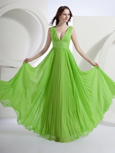 Empire Deep V-neck Chiffon Spring Green Prom Dress with Pleat