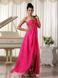 One Shoulder Beading Hot Pink High-low Prom Dress