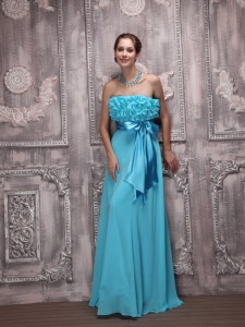 Ruffled Aqua Blue Empire Strapless Bowknot Prom / Evening Dress