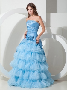 Sky Blue A-line Floor-length Hand Flowers Prom Dress