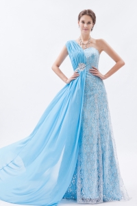 Baby Blue Empire One Shoulder Brush Train Chiffon Lace Prom Dress