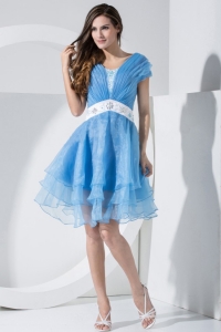 Baby Blue Sleeves Knee-length Prom Dress With Ruching and Sash