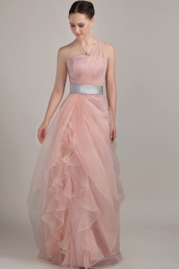 Baby Pink Column/Sheath One Shoulder Organza Ruffles Prom Dress