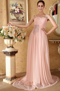 Baby Pink Empire Straps Court Train Beading Prom Dress