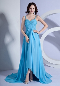 Light Blue Straps Empire Brush Train Prom Dress Beading and Ruch