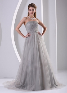 Grey A-line Strapless Beaded Prom Dress With Sweep Train