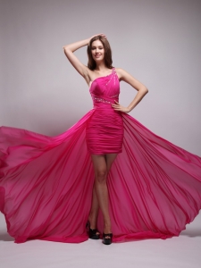 Hot Pink High Low One Shoulder Brush Train Beaded Prom Dress