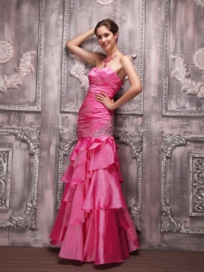 Hot Pink Column Sweetheart Prom Dress with Beading and ruffles