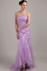 Strapless Lavender Mermaid Brush Train Tulle Ruch Prom Dress