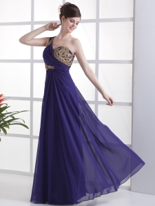 One Shoulder Purple Chiffon Prom Dress With Beading and Ruch