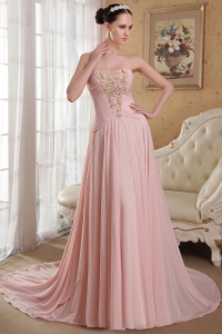 Pink Strapless Watteau Train Beading Hand Made Flowers Prom Dress