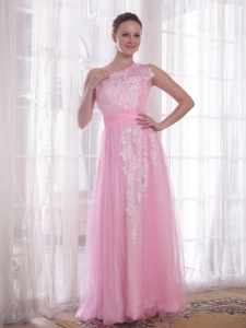 Appliques One Shoulder Floor-length Pink Prom / Evening Dres