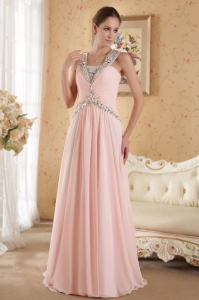 Beaded Pink Straps Court Train Prom / Evening Dress