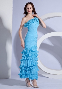 One Shoulder Aqua Blue Ankle-length Prom Dress with Pleat