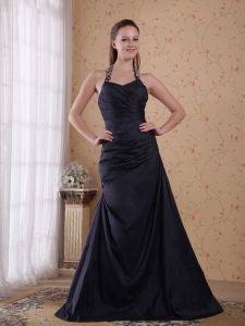 A-Line Halter Floor-length Taffeta Beading Prom Dress