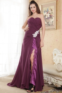 Column Purple Sweetheart Chiffon Prom Dress High Slit Appliques