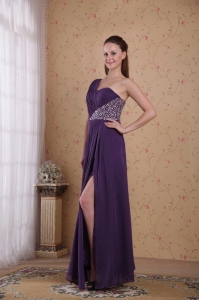 Purple Empire One Shoulder Beaded Chiffon Prom Dress
