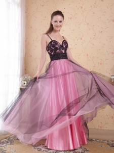 Spaghetti Straps Rose Pink A-Line Tulle Appliques Prom Dress