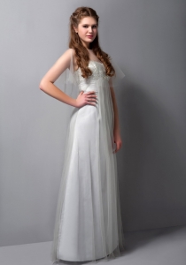 A-line Strapless Floor-length Tulle Beading Prom Dress