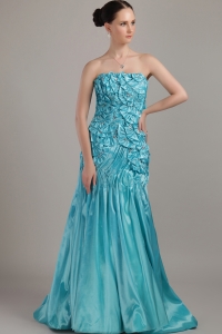 Strapless Teal A-line Taffeta Beading and Ruch Prom Dress
