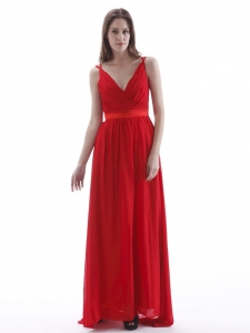V-neck Red Prom Dress Pleated Floor-length Chiffon