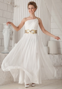 White Empire One Shoulder Floor-length Sequins Prom Dress