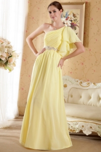 Yellow Ruffles One Shoulder Beading Prom / Evening Dress