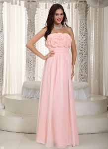 Empire Baby Pink Strapless Chiffon Hand Made Flowers Prom Dress
