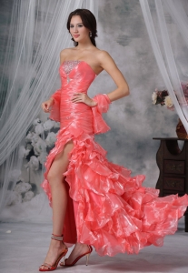 Watermelon Red Beaded Decorate Bust Ruffles High Slit Prom Dress
