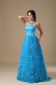 Strapless Blue A-line Floor-length Rolling Flower Prom Dress
