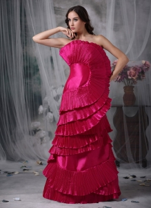 Unique Hot Pink Strapless Elastic Woven Satin Ruch Prom Dress