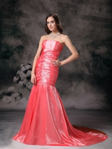 Watermelon Red Mermaid Strapless Chapel Taffeta Ruch Prom Dress