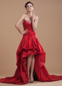 Red High-low Prom Dress Beaded Sweetheart Pick-ups Court Train