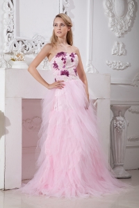 Baby Pink Appliques Tulle Prom Dress with Brush Train