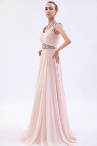 Baby Pink Empire Beaded Straps Prom Dress Brush Train Chiffon
