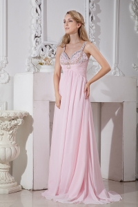 Beaded Straps and BustB aby Pink Brush Train Chiffon Prom Dress