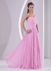 One Shoulder Pleat Baby Pink Chiffon Brush Train Prom Dress